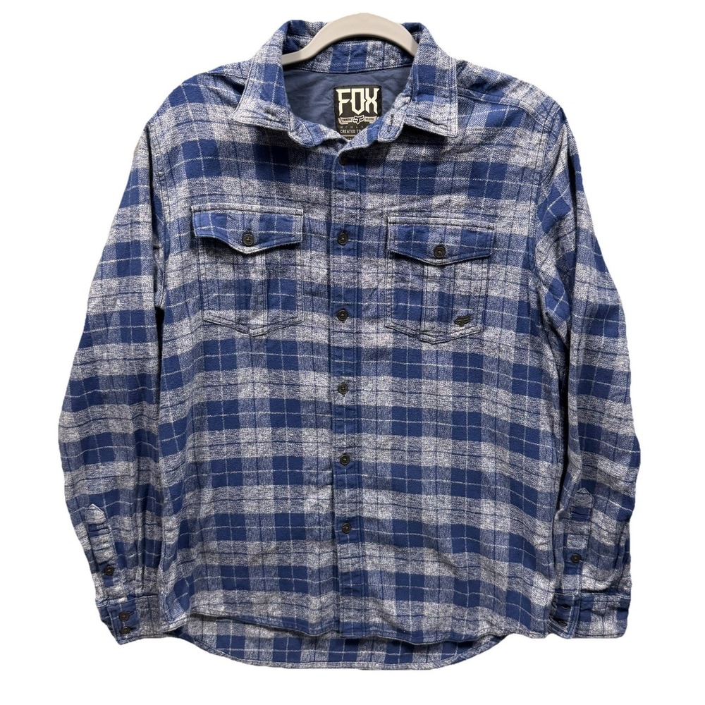 Fox Racing Flannel Shirt Mens Large Blue Plaid Long Sleeve Button Up Casual Logo
